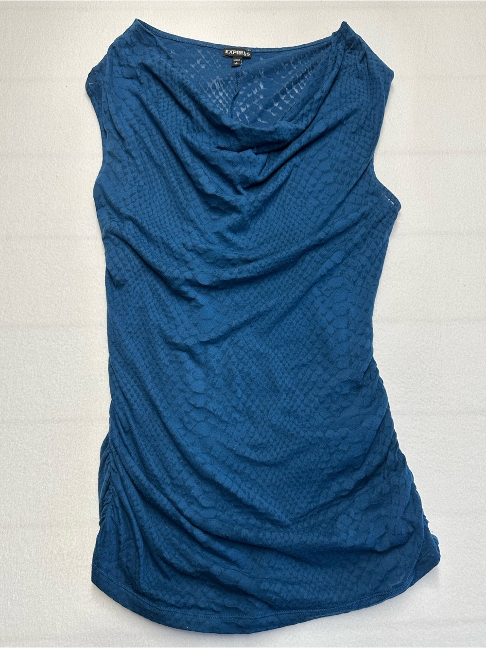 Express Medium Teal Blue Drape Neck Sleeveless Snakeskin Textured Sheer Top